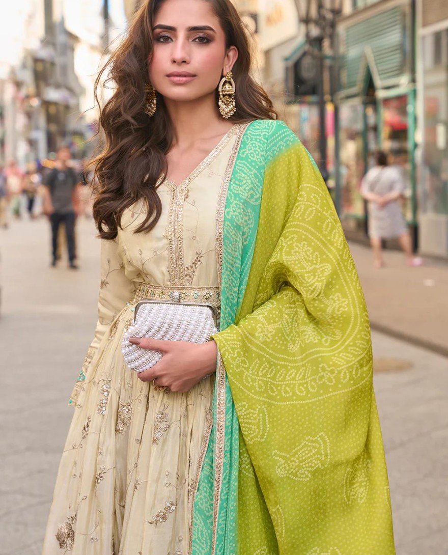 BLUE - Designer Beige Embroidered Indo Western Simar Silk Anarkali Gown